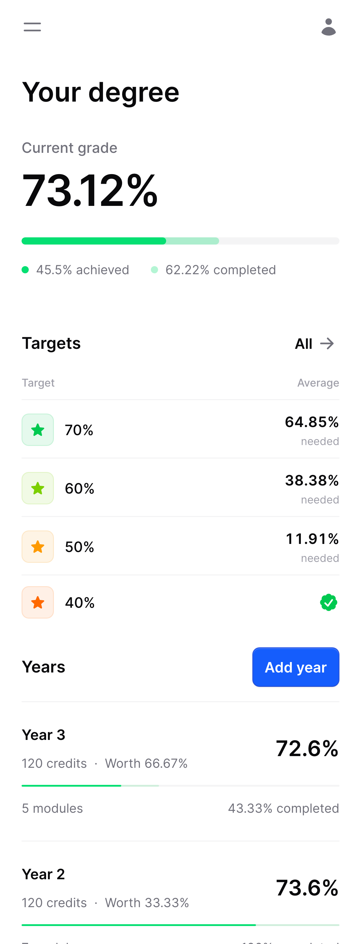 GradeGuide university grade calculator interface showing target grades and progress tracking