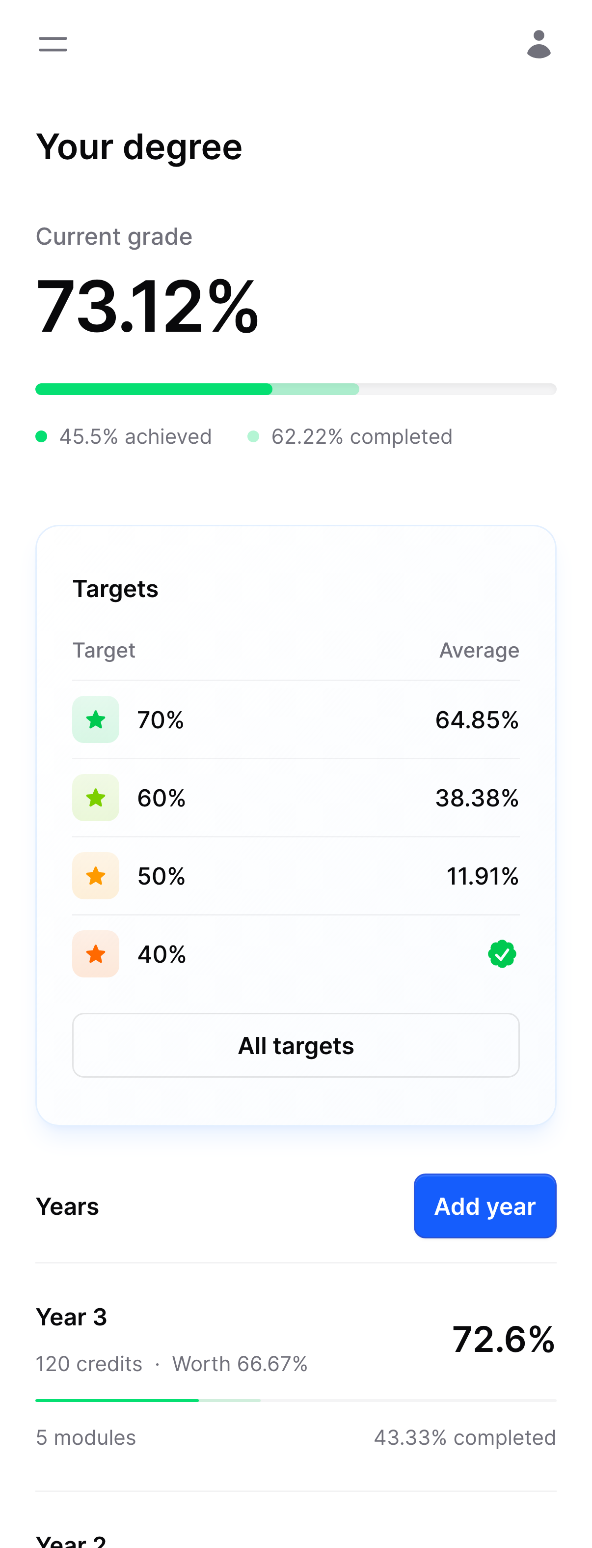 GradeGuide university grade calculator interface showing target grades and progress tracking