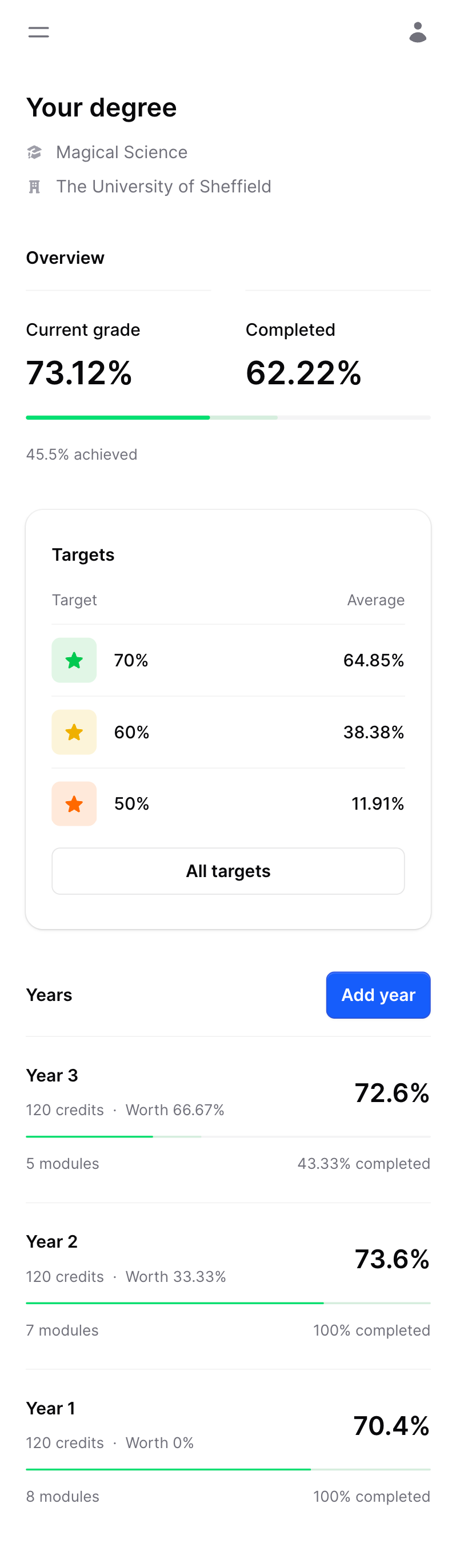 GradeGuide university grade calculator interface showing target grades and progress tracking